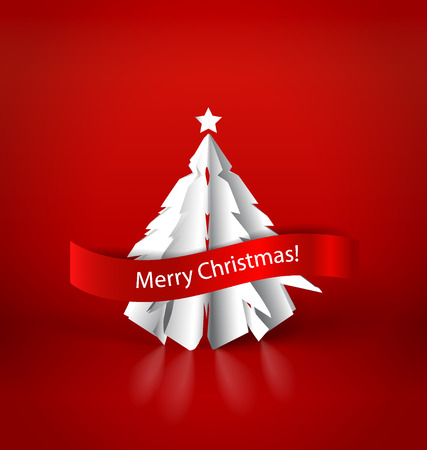 Merry Christmas greeting card with origami Christmas tree, vector illustration.のイラスト素材