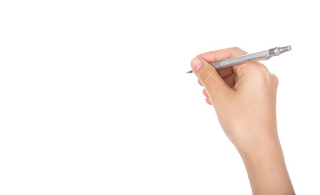 Woman hand with pen on a white backgroundの写真素材