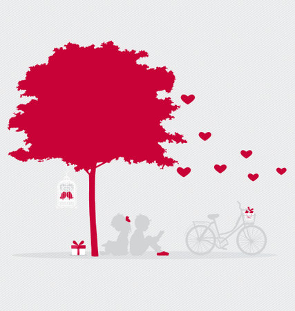 Valentine background with children read a book under tree. Vector Illustration.のイラスト素材