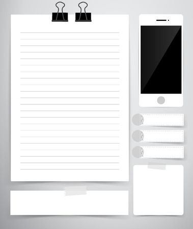 Paper sheet, Cute note papers and mobile phone, Business working elements for web design , mobile applications, social networks.のイラスト素材