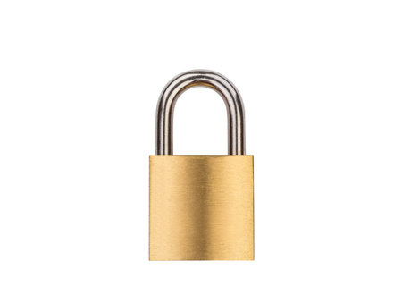 Gold metal padlock isolated on white background with clipping path