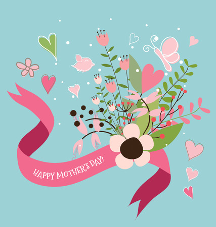 Happy Mother's Day, Floral bouquets with ribbon and heart, vector illustration.のイラスト素材
