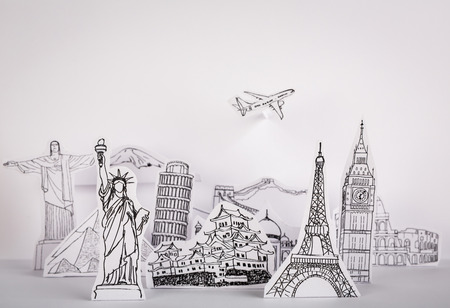 Paper cut of travel (Japan,France,Italy,New York,India,egypt)の写真素材