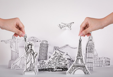 Paper cut of travel (Japan,France,Italy,New York,India,egypt)の写真素材
