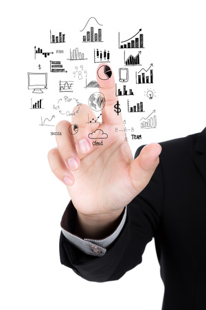 Businessman hand drawing business concept isolated on white backgroundの写真素材