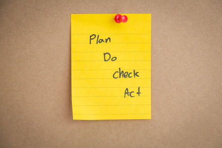 Sticky note with  " Plan Do Chek Act " on boardの写真素材