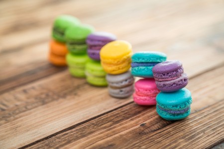 French colorful macarons on wood tableの写真素材