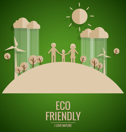 Ecology concept. Paper cut of family and tree on green background. Vector illustration.のイラスト素材