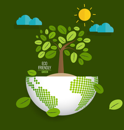 ECO FRIENDLY. Ecology concept with globe and tree background. Vector illustration.のイラスト素材