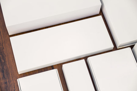 Blank white box mock up on wood backgroundの写真素材