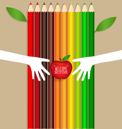 Welcome back to school with Apple and Color pencils background, vector illustration.のイラスト素材