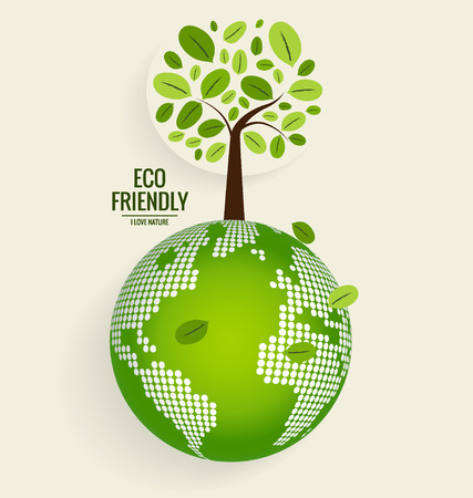 ECO FRIENDLY. Ecology concept with globe and tree background. Vector illustration.のイラスト素材