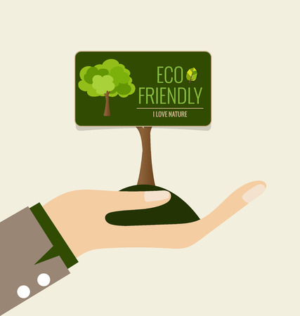 ECO FRIENDLY. Ecology concept with hand and tree background. Vector illustration.のイラスト素材