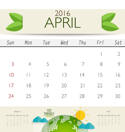2016 calendar, monthly calendar template for April. Vector illustration.のイラスト素材
