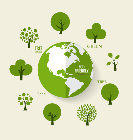 ECO FRIENDLY. Ecology concept with Green Eco Earth and Trees. Vector illustration.のイラスト素材