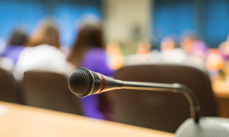 Black microphone in conference room