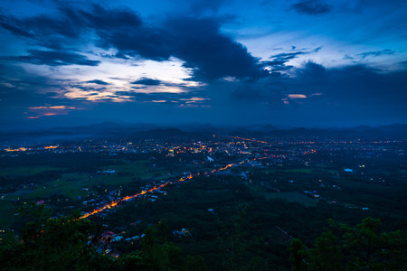 Aerial view of night small townの写真素材
