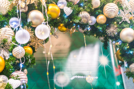 Closeup of Christmas tree decorations backgroundの写真素材