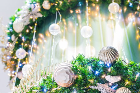 Closeup of Christmas tree decorations backgroundの写真素材