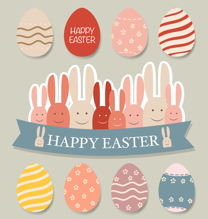 Happy easter cards with Easter bunnies and Easter eggs. Vector illustration.のイラスト素材