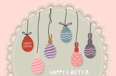 Happy easter cards with Easter bunnies and Easter eggs. Vector illustration.のイラスト素材