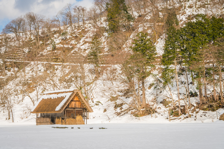Winter Of Shirakawago with snow falling , Japanのeditorial素材