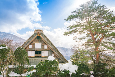 Winter Of Shirakawago with snow falling , Japanのeditorial素材