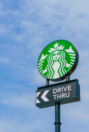 Khonkaen Province, Thailand - December 20, 2015 : Starbucks drive thru sign at 200th store at FastFac Mini Factory one of the fastest growing industrialのeditorial素材