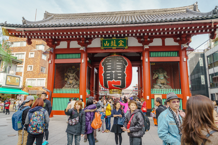TOKYO, JAPAN - November  24, 2015: Tourists visit to Sensoji Temple  of Asakusa, Tokyo, Japan. The temple is the oldest in all of Tokyoのeditorial素材