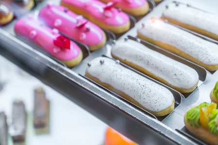 Brightly colored cakes  in refrigerator