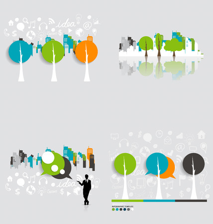 Modern infographics template style. Businessman with bubble speech and building background. Vector illustration.のイラスト素材