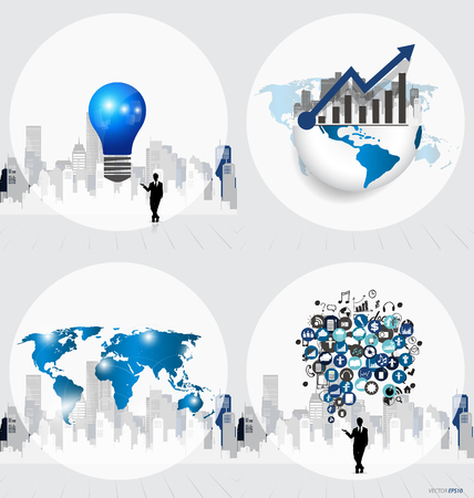 Business concept with businessman, bulb, graph, cloud of application and modern building background. Vector illustration.のイラスト素材