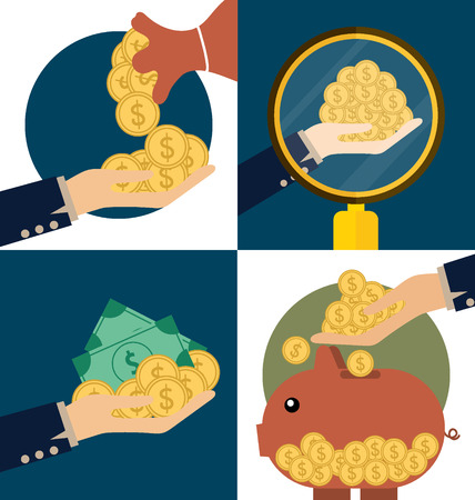 Business concept. Hand and Piggy bank with money coins. Vector illustrationのイラスト素材