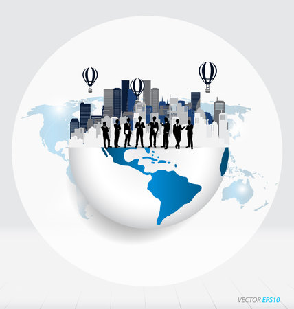 Globe and building with businessman, can use for business concept. Vector illustration.のイラスト素材