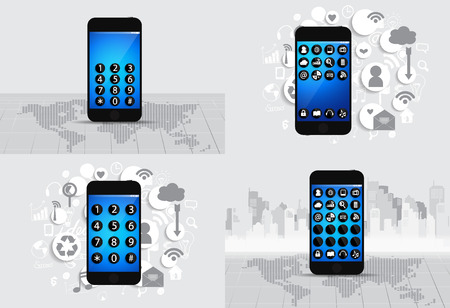 Touchscreen device with cloud of application icons. Vector illustration.のイラスト素材