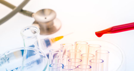 laboratory test tubes,medical glassware , Stethoscope,plastic syringe  ( Filtered image processed...