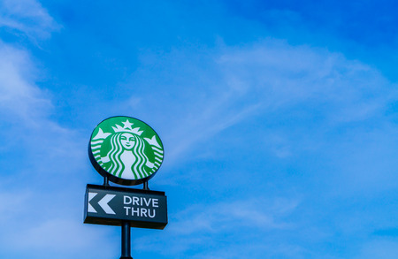 Khonkaen Province, Thailand - December 20, 2015 : Starbucks drive thru sign at 200th store at FastFac Mini Factory one of the fastest growing industrialのeditorial素材