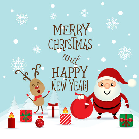 Christmas Greeting Card with Christmas Santa Claus and reindeer. Vector illustrationのイラスト素材