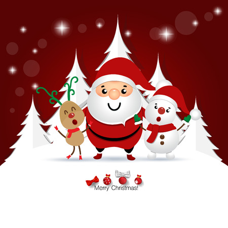 Christmas Greeting Card with Christmas Santa Claus ,Snowman and reindeer. Vector illustrationのイラスト素材