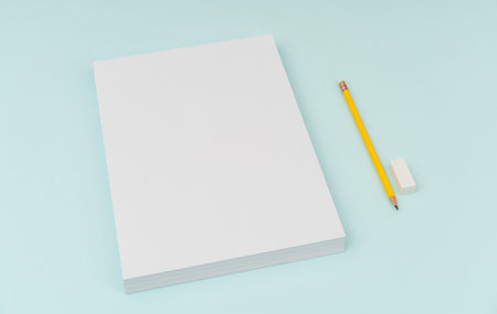 Blank flyer poster, brochure mockup,A4, US-Letter, with pencil  on blue background