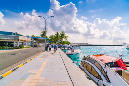 MALE, MALDIVES - October 04 :  Boats at the harbor next to Ibrahim Nasir International Airport in Male, Maldives.のeditorial素材