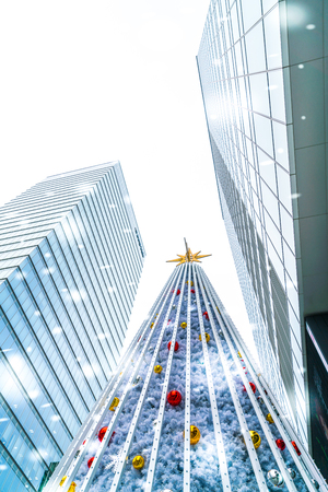 Closeup of Christmas tree decorations backgroundの写真素材