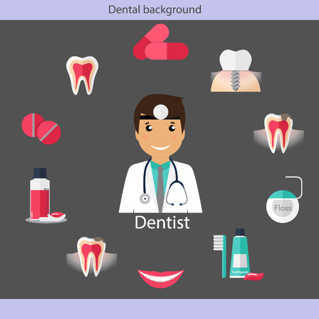 Medical dental background. Dentist with teeth, drugs, dentist tools and instruments. Vector illustration.の写真素材
