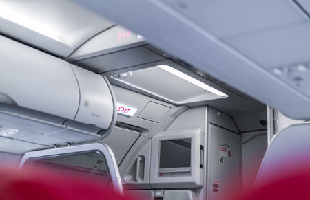 Emergency exit in aircraftの写真素材