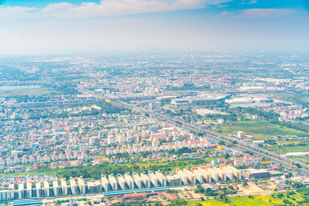 View of the ground from airplane windowの写真素材