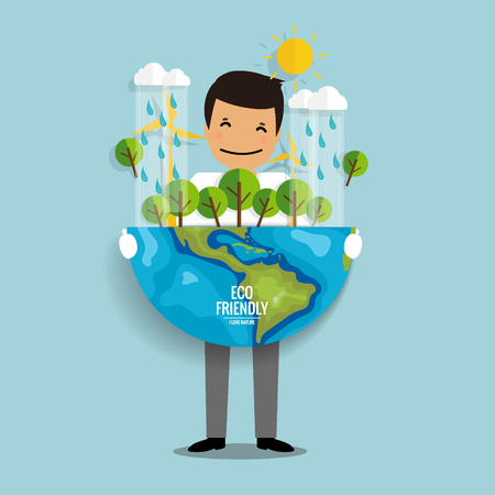 ECO FRIENDLY. Ecology concept with Green Eco Earth and Trees. Vector illustration.のイラスト素材