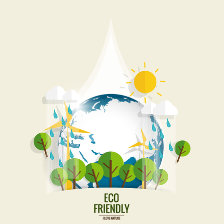 ECO FRIENDLY. Ecology concept with Green Eco Earth and Trees. Vector illustration.のイラスト素材