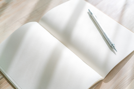 Blank catalog, magazines,book mock up with pen on wood background.の写真素材