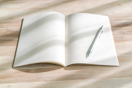 Blank catalog, magazines,book mock up with pen on wood background.の写真素材
