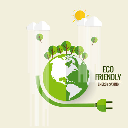 Energy saving concept with Green Eco Earth and Trees.. Vector illustration.のイラスト素材